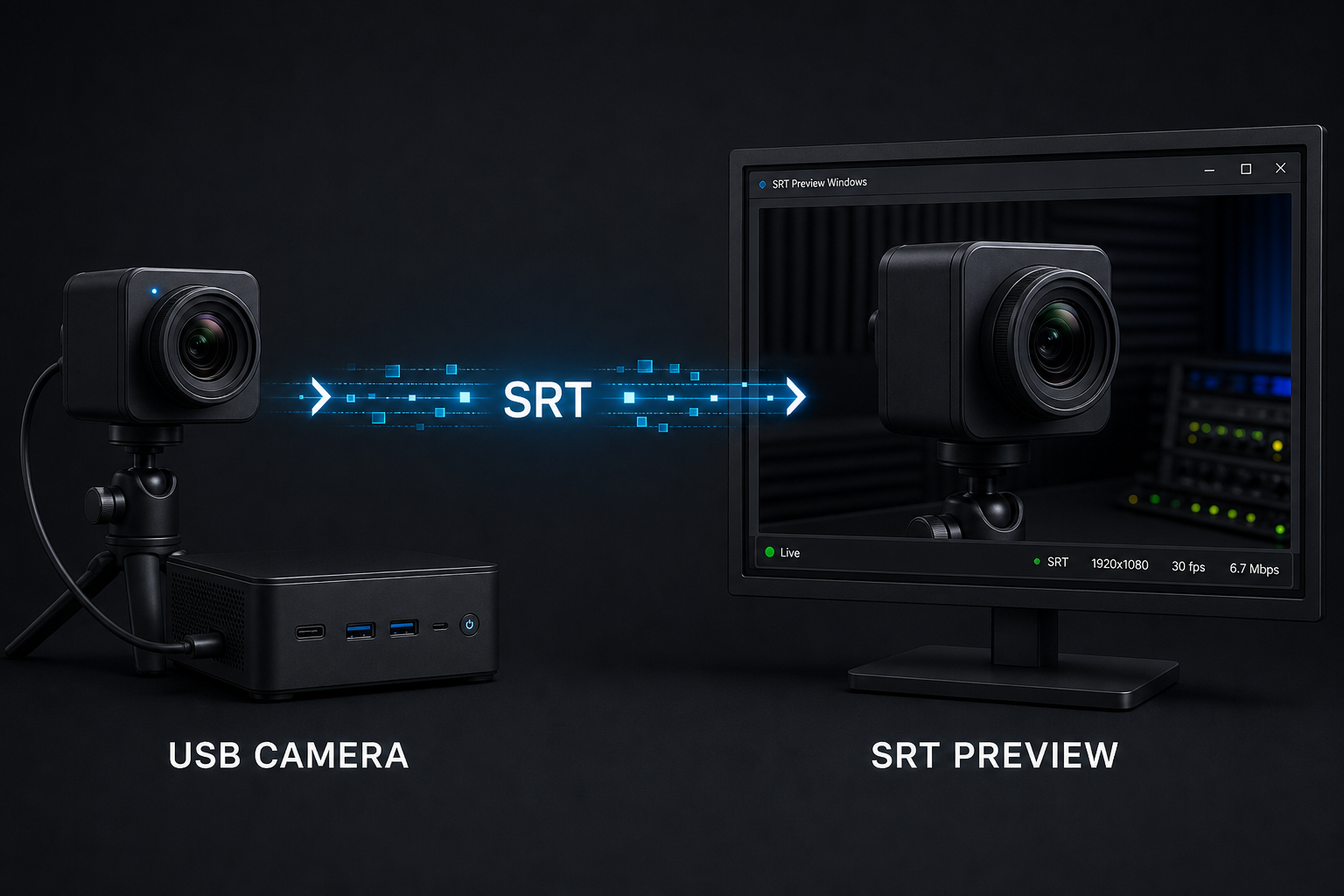 A USB camera sends live video over SRT to the SRT Preview application.