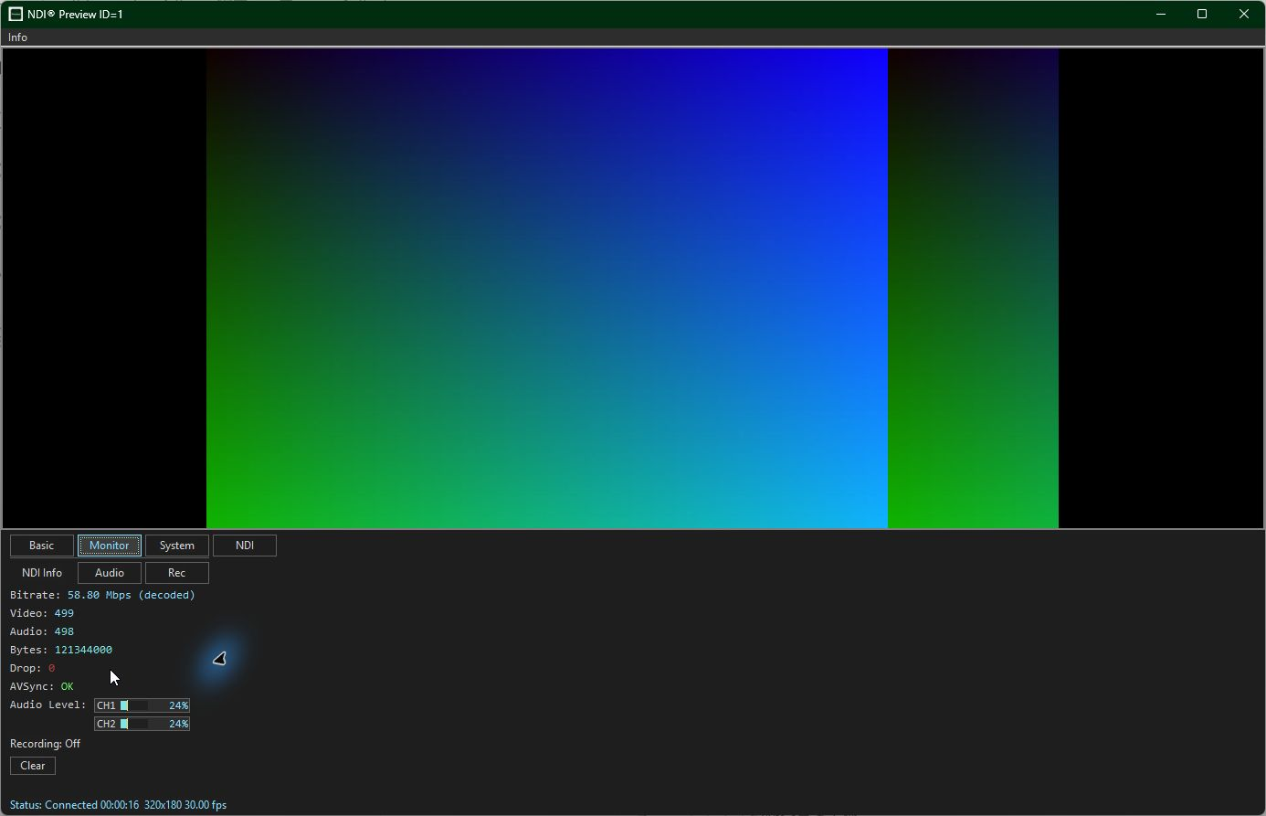 Preview for NDI receiving a generated test signal with live statistics; earlier application name shown