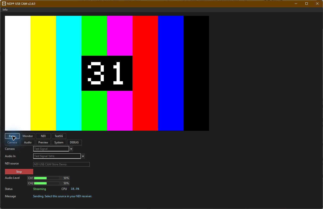 USB Cam for NDI sending color bars and a 1 kHz tone; earlier application name shown