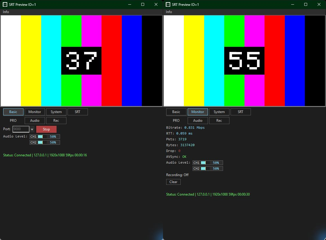 SRT Preview Basic and Monitor tabs shown side by side with connected streams