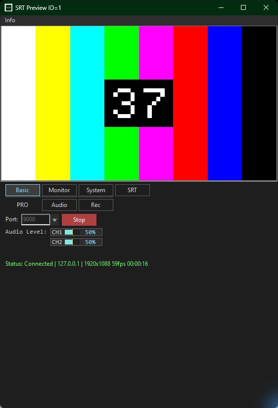 SRT Preview displaying a connected color-bar test stream