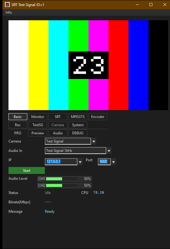 SRT TEST Signal color-bar test pattern and SRT transmission controls
