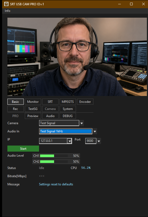 SRT USB CAM showing an engineer's live webcam feed with camera and SRT transmission controls