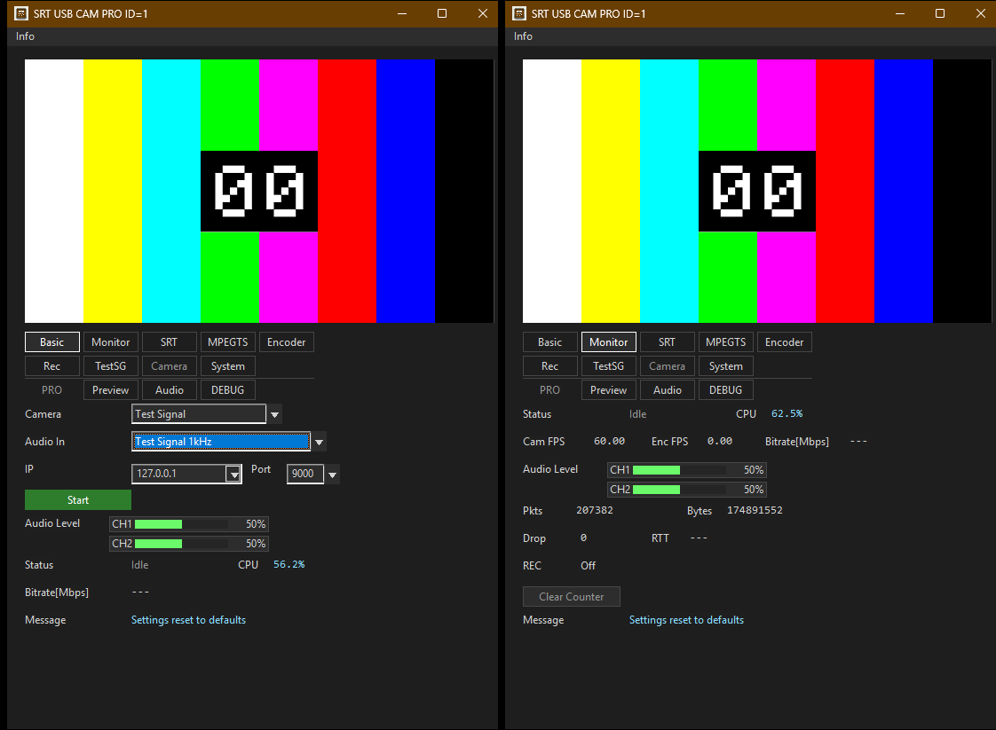 SRT USB CAM Basic and Monitor tabs shown side by side