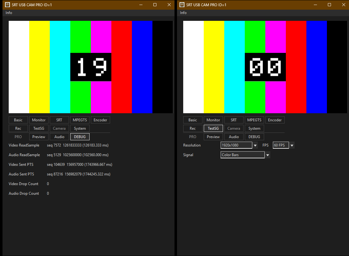 SRT USB CAM diagnostics and test-signal settings