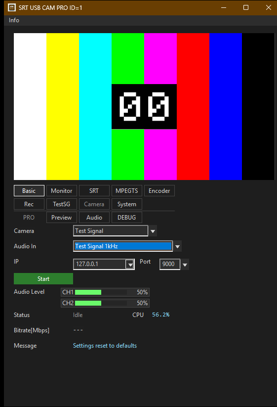 SRT USB CAM transmitting a generated color-bar test signal